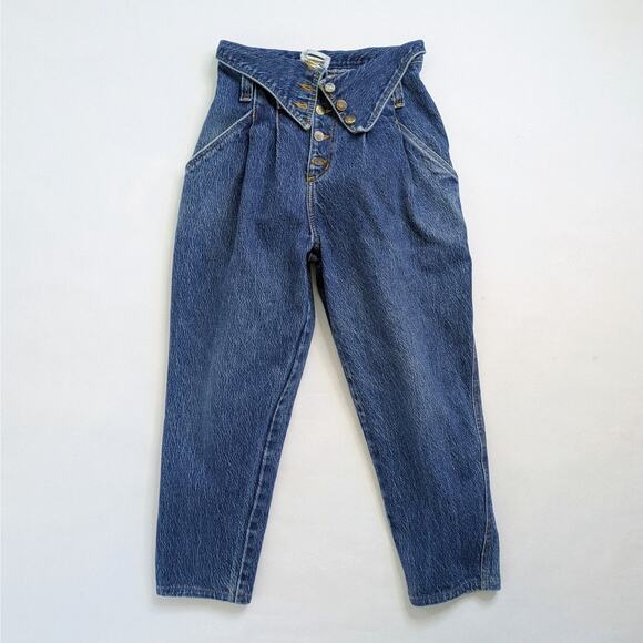 Palmetto's Jeans Vintage Women's 26* Blue Paperbag Waist Button Fly Tapered - Picture 1 of 11